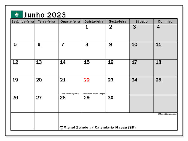 Calendario junio 2023, Macao (PT). Diario para imprimir gratis.