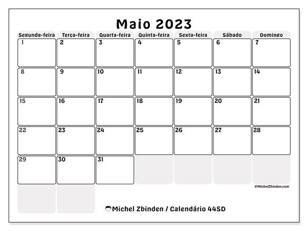 Calendário de maio de 2023 para imprimir. Calendário mensal “44SD” e horário imprimível livre