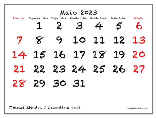 46DS, calendário de maio de 2023, para impressão, grátis.