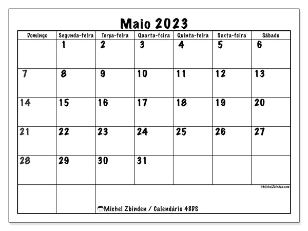 Calendário para imprimir, maio 2023, 48DS