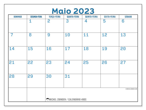 49DS, calendário de maio de 2023, para impressão, grátis.
