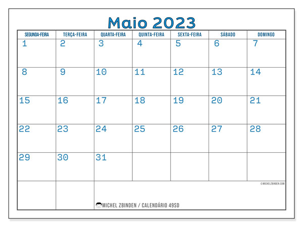 Calendário para imprimir, maio 2023, 49SD