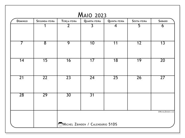 Calendário para imprimir, maio 2023, 51DS
