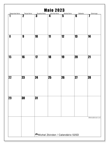 Calendário de maio de 2023 para imprimir. Calendário mensal “52SD” e horário imprimível livre