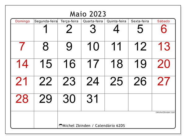 62DS, calendário de maio de 2023, para impressão, grátis.