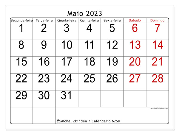 62SD, Maio de 2023 calendário, para impressão, grátis.