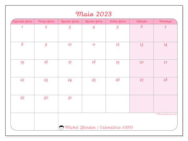 Calendário de maio de 2023 para imprimir. Calendário mensal “63SD” e planejamento para imprimir grátis