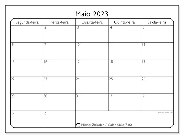 Calendário para imprimir, maio 2023, 74DS