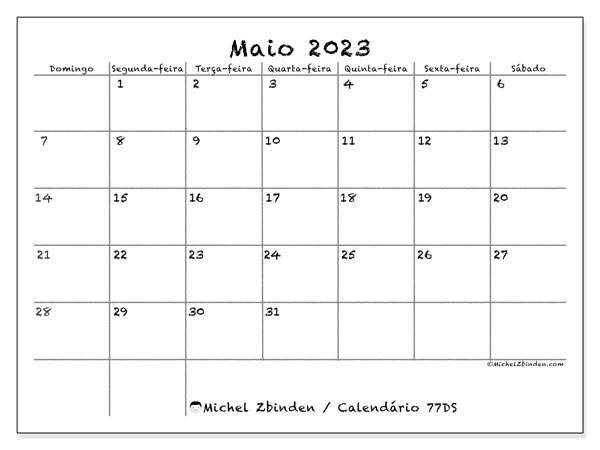 Calendário para imprimir, maio 2023, 77DS