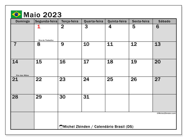 Calendário para imprimir, Maio 2023, Brasil (DS)