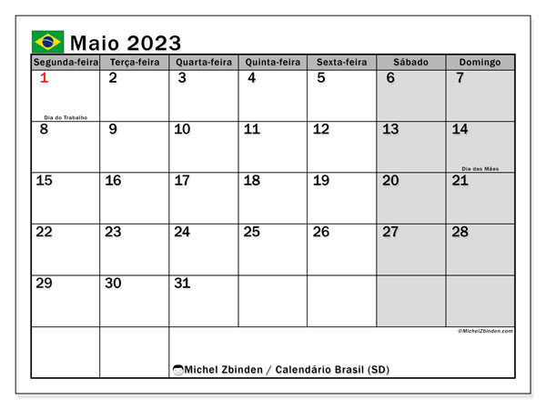 Calendário para imprimir, maio de 2023, Brasil (SD)