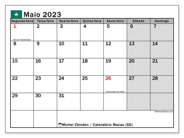 Calendário para imprimir, maio de 2023, Macau (SD)