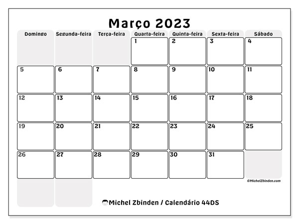44DS, calendário de março de 2023, para impressão, grátis.