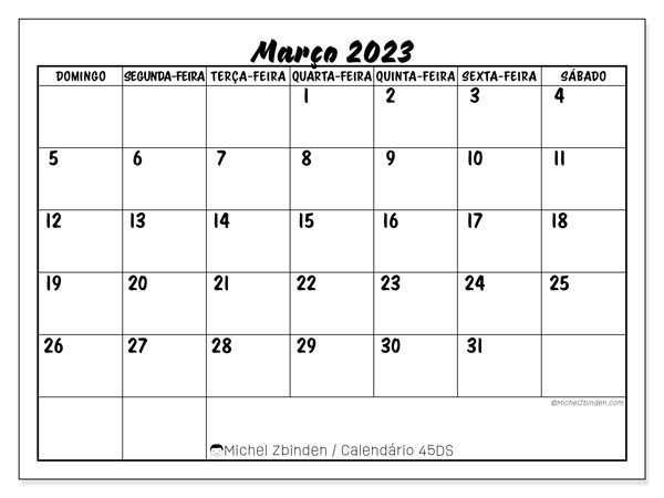 45DS, calendário de março de 2023, para impressão, grátis.