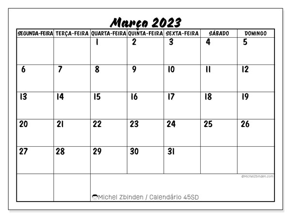 Calendário para imprimir, Março 2023, 45SD