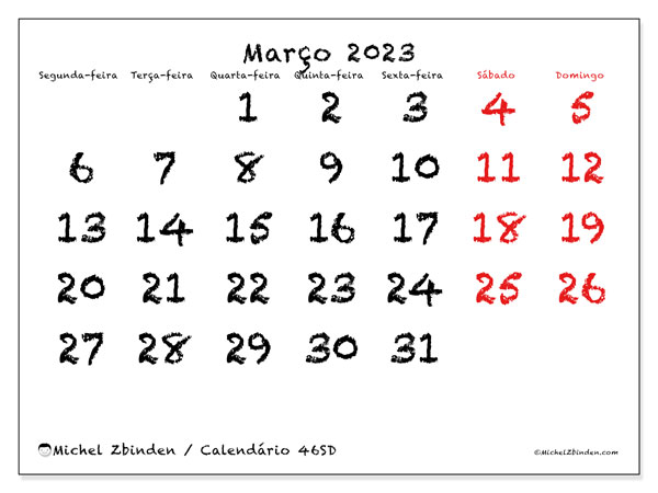 46SD, Março de 2023 calendário, para impressão, grátis.