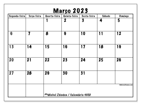 Calendário de março de 2023 para imprimir. Calendário mensal “48SD” e agenda imprimível livre