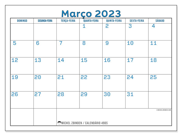 49DS, calendário de março de 2023, para impressão, grátis.