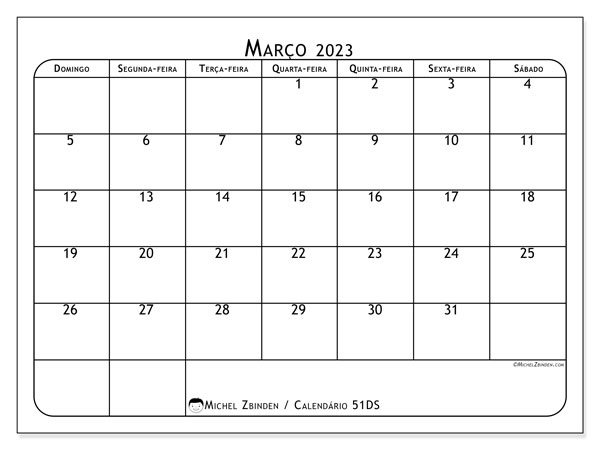 Calendário para imprimir, março 2023, 51DS