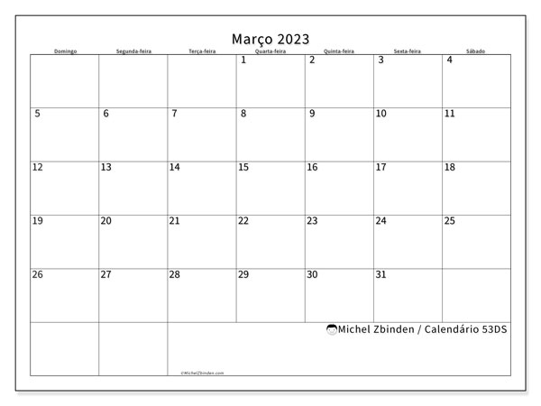 Calendário para imprimir, março 2023, 53DS