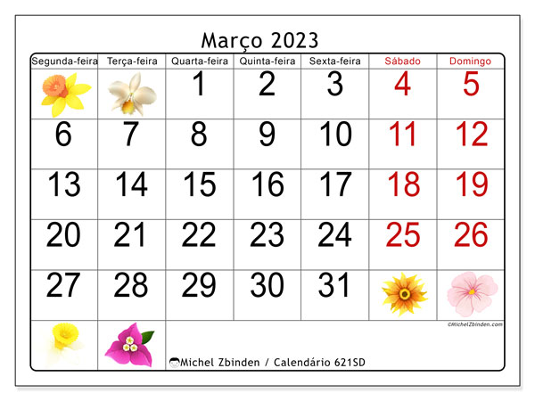 621SD, Março de 2023 calendário, para impressão, grátis.
