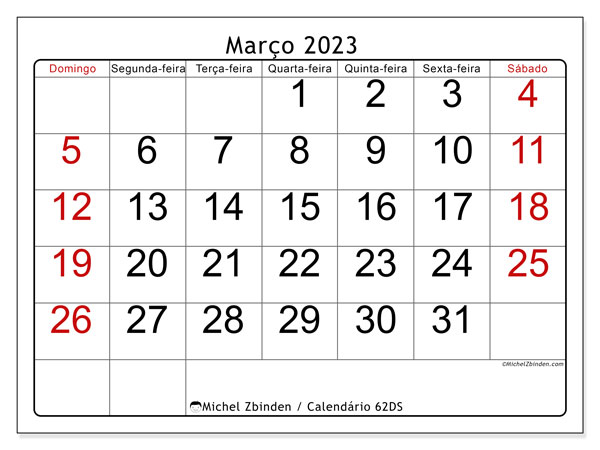 62DS, calendário de março de 2023, para impressão, grátis.
