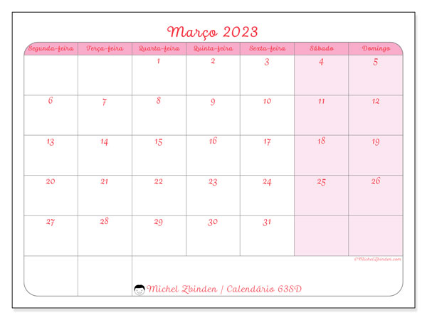 Calendário para imprimir, março 2023, 63SD