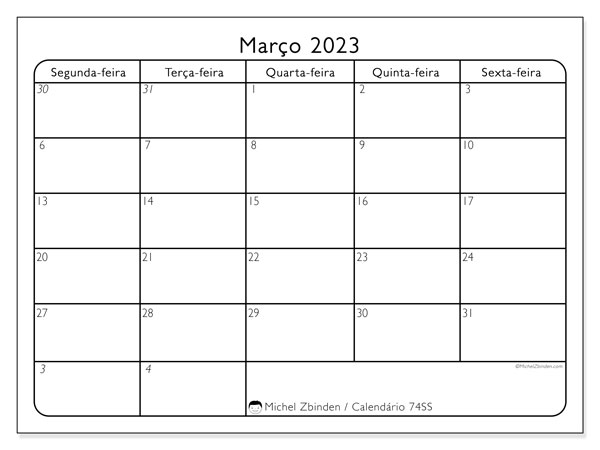 Calendário para imprimir, março 2023, 74DS