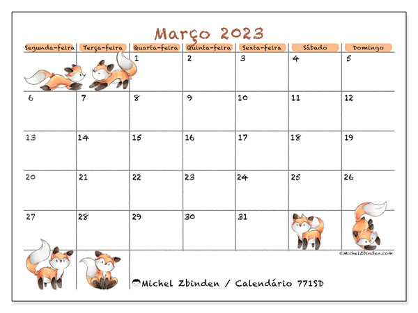 Calendário de março de 2023 para imprimir. Calendário mensal “771SD” e cronograma para imprimir grátis