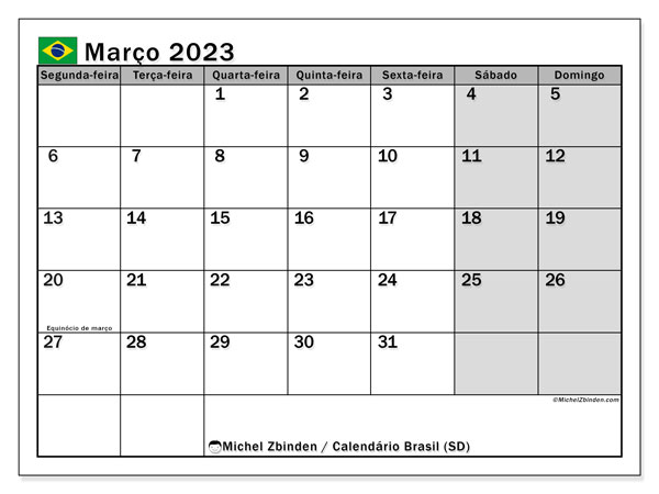 Calendário para imprimir, Março 2023, Brasil (SD)
