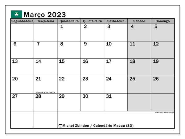 Calendário para imprimir, Março 2023, Macau (SD)
