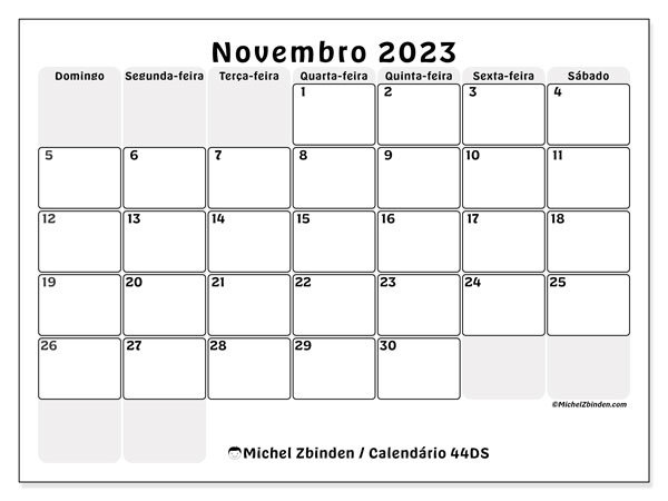 Calendário Novembro 2023 “44”. Jornal gratuito para impressão.. Domingo a Sábado