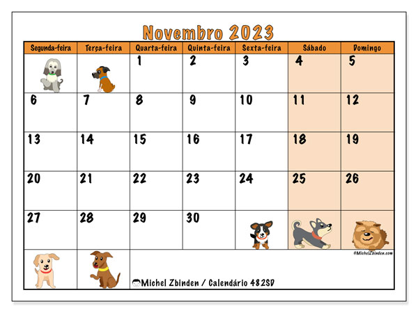 Calendário Novembro 2023 “482”. Programa gratuito para impressão.. Segunda a domingo