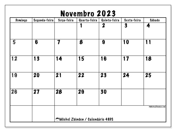 Calendário Novembro 2023 “48”. Mapa gratuito para impressão.. Domingo a Sábado