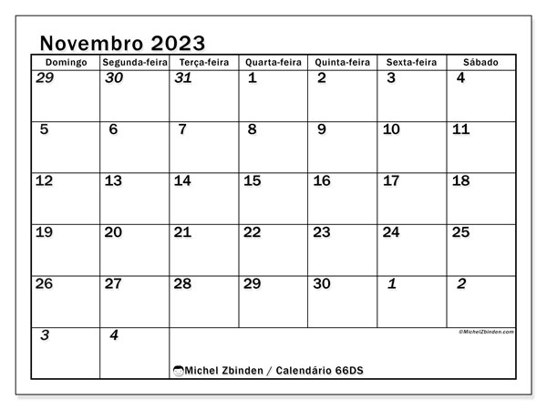 Calendário Novembro 2023 “501”. Mapa gratuito para impressão.. Domingo a Sábado