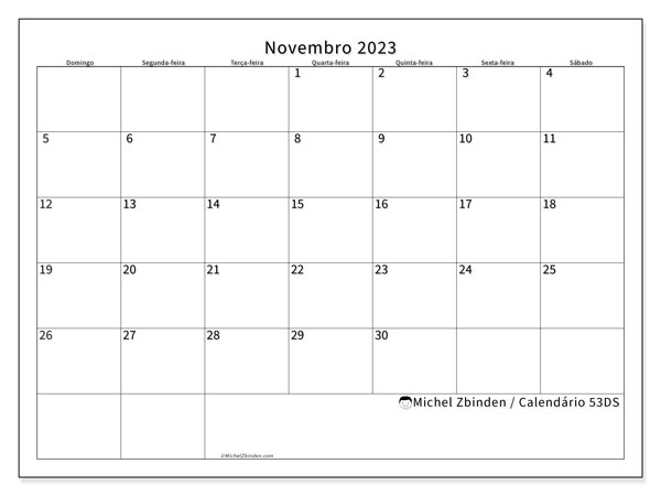 Calendário Novembro 2023 “53”. Jornal gratuito para impressão.. Domingo a Sábado