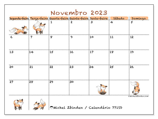 Calendário para imprimir, Novembro 2023, 771SD
