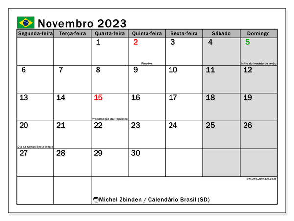 Calendário para imprimir, Novembro 2023, Brasil (SD)