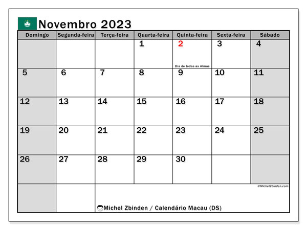 Calendário para imprimir, novembro de 2023, Macau (DS)