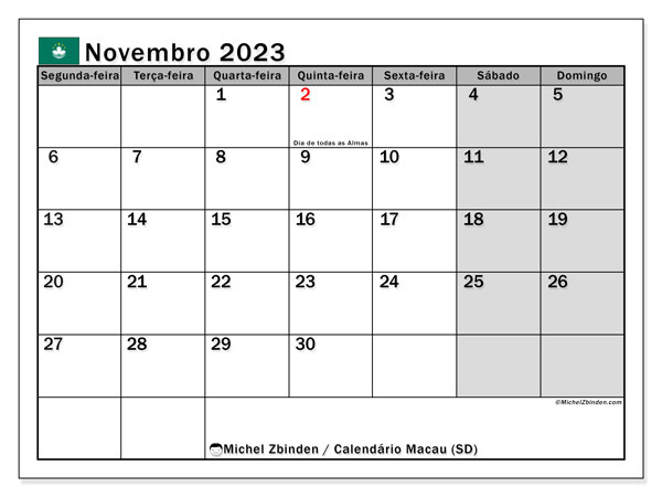 Calendario novembre 2023, Macao (PT). Piano da stampare gratuito.