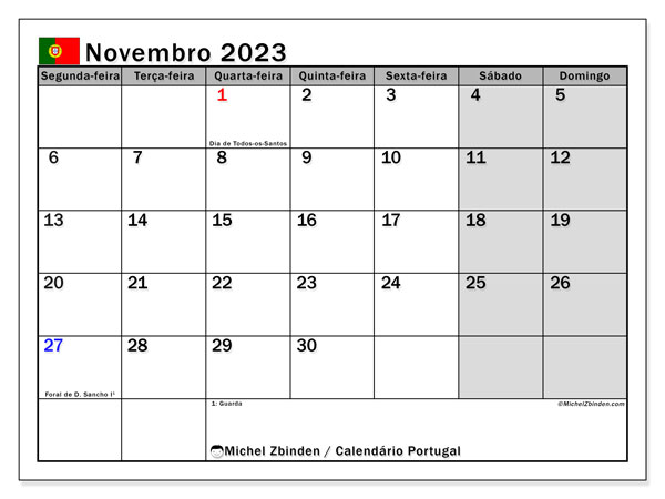 Calendrier novembre 2023, Portugal (PT), prêt à imprimer et gratuit.