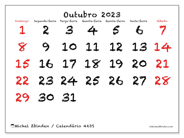 Calendário Outubro 2023 “46”. Programa gratuito para impressão.. Domingo a Sábado
