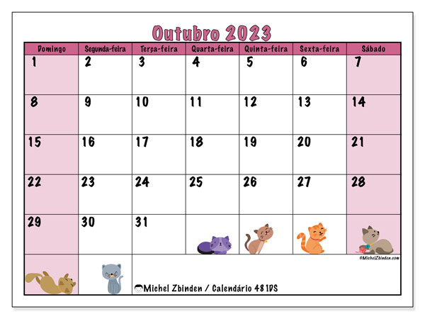 Calendário Outubro 2023 “481”. Horário gratuito para impressão.. Domingo a Sábado