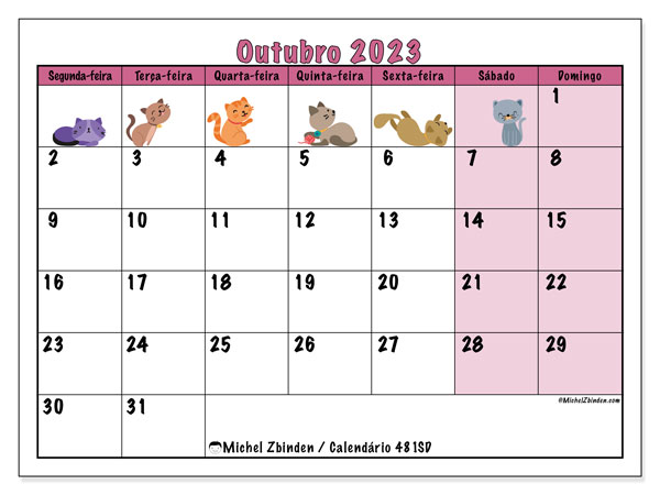 Calendário Outubro 2023 “481”. Horário gratuito para impressão.. Segunda a domingo