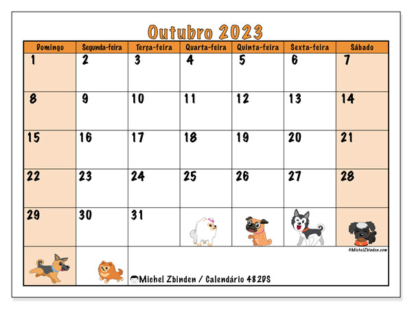 Calendário Outubro 2023 “482”. Programa gratuito para impressão.. Domingo a Sábado