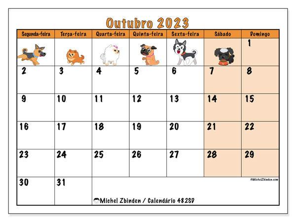 Calendário Outubro 2023 “482”. Programa gratuito para impressão.. Segunda a domingo