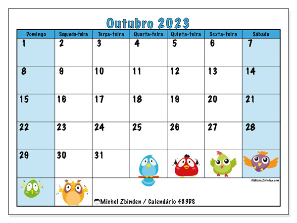 Calendário Outubro 2023 “483”. Programa gratuito para impressão.. Domingo a Sábado
