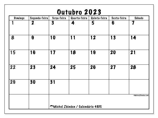 Calendário Outubro 2023 “48”. Mapa gratuito para impressão.. Domingo a Sábado