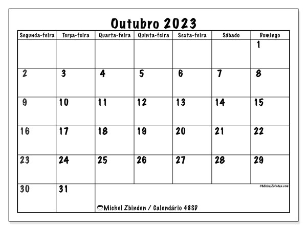 Calendário Outubro 2023 “48”. Mapa gratuito para impressão.. Segunda a domingo