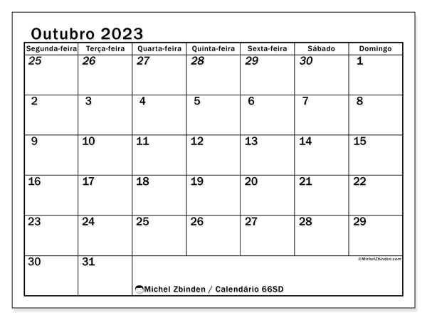 Calendário para imprimir, outubro 2023, 501SD